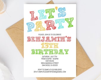 Simple Colorful Birthday Invitation Template, ANY AGE, Instant Download Birthday Invitation for Boys Teens Kids Girls Adults, Corjl DIY