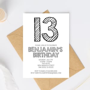 May include: A black and white birthday invitation with the number 13 in large, bold font. The invitation is for Benjamin's birthday party, which will be held on Saturday, July 7th from 5:00 PM to 8:00 PM at their house. The address is 9654 Magnolia Street, San Diego, CA 92020. RSVP to Diane at 619-585-0000 or at simplyelegantbydema@gmail.com.
