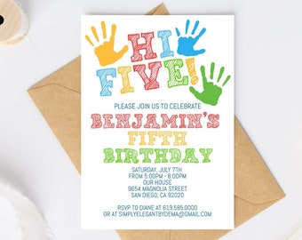 Hi Five 5th Birthday Invitation, Hi Five Hand Birthday Invitation, Modern Colorful Birthday Invitation Template, Instant Download Corjl DIY