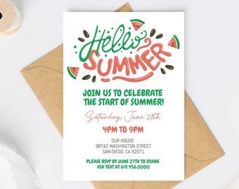 Hello Summer Party Invitation Template, Watermelon Invitation, Summer Party, Last Day of School, Neighborhood Party, Birthday Party, Corjl