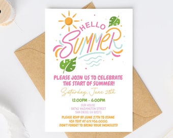 Hello Summer Party Invitation Template, Sun Invitation, Summer Party, Last Day of School, Neighborhood Party, Birthday Party, Corjl DIY