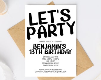 Simple Black and White Birthday Invitation Template, ANY AGE, Instant Download Birthday Invitation for Boys Teens Kids Girls, Corjl DIY