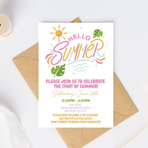 Hello Summer Party Invitation Template, Sun Invitation, Summer Party, Last Day of School, Neighborhood Party, Birthday Party, Corjl DIY