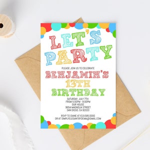 Simple Colorful Confetti Birthday Invitation Template, ANY AGE, Instant Download Birthday Invitation for Boys Teens Kids Girls Adults, Corjl