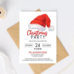 Convite para festa de Natal, modelo editável de convite para chapéu de Papai Noel de Natal, convite para impressão de chapéu vermelho de Papai Noel, Corjl, DIY
