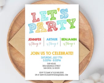 May include: A white invitation card with the words "LET'S PARTY" in colorful, sketched letters. The card includes details for a birthday celebration, including names, ages, date, time, and location. The invitation is on a wooden plate with a brown envelope.