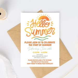 Modèle d'invitation fête d'été bonjour, invitation soleil, fête d'été, dernier jour d'école, fête de quartier, fête d'anniversaire orange, Corjl