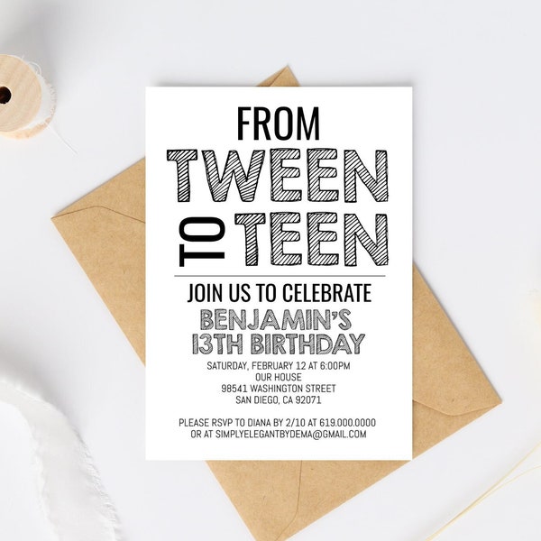 13th Birthday Invitation Template, Black & White Tween to Teen Birthday Invitation, for Boys Teens Girls Kids, Instant Download, Corjl DIY