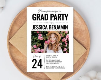 Class of 2024 Graduation Party Invitation With Photo Template, Modern Graduation Announcement, High School, College Grad, Instant Download