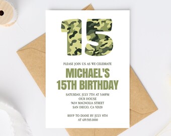 May include: A white invitation card with the text "MICHAEL'S 15TH BIRTHDAY" in green. The number "15" is in a camouflage pattern. An envelope and a spool of ribbon are also in the image.