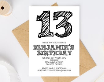 Simple Black and White Birthday Invitation Template, ANY AGE, Instant Download Birthday Invitation for Boys Teens Kids Girls, Corjl DIY