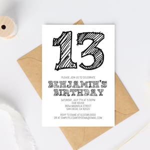 Simple Black and White Birthday Invitation Template, ANY AGE, Instant Download Birthday Invitation for Boys Teens Kids Girls, Corjl DIY