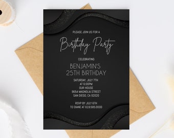 Editable Silver & Black Birthday Invitations/ANY AGE/Luxury Black Birthday Invitation Template for Adults, Women, Men, Teen/Instant Download
