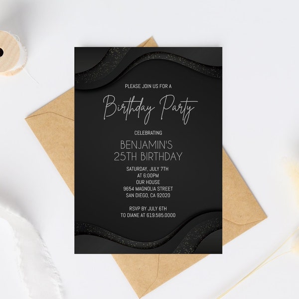 Editable Silver & Black Birthday Invitations/ANY AGE/Luxury Black Birthday Invitation Template for Adults, Women, Men, Teen/Instant Download