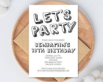 Simple Black and White Birthday Invitation Template, ANY AGE, Instant Download Birthday Invitation for Boys Teens Kids Girls, Corjl DIY