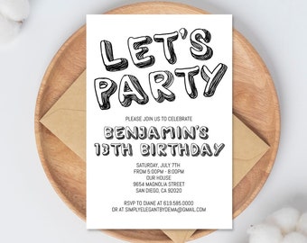 Modèle d'invitation d'anniversaire noir et blanc simple, tout âge, faire-part d'anniversaire à téléchargement immédiat pour garçons adolescents enfants filles, Corjl DIY