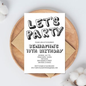 Simple Black and White Birthday Invitation Template, ANY AGE, Instant Download Birthday Invitation for Boys Teens Kids Girls, Corjl DIY image 1