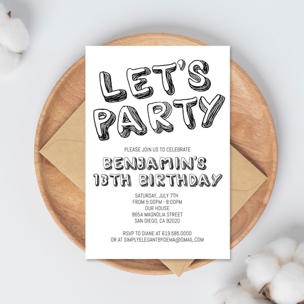 Simple Black and White Birthday Invitation Template, ANY AGE, Instant Download Birthday Invitation for Boys Teens Kids Girl, Corjl DIY evite