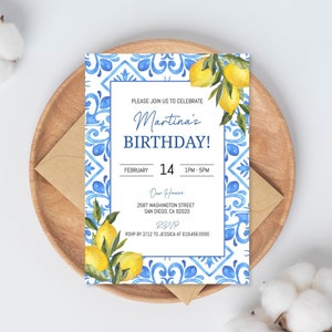 Blue Tile Lemons Birthday Invitation Template, Instant Download Birthday Invitation, Corjl DIY evite, Smartphone Invitation, Text Message