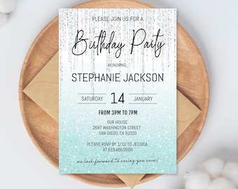 Teal & Silver Glitter Birthday Invitation Template (Digital Download) Corjl DIY