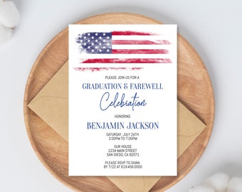American Flag Graduation Farewell Party Invitation Template, Military Graduation Invitation, US Navy Marines, Army Air Force, Police, Corjl