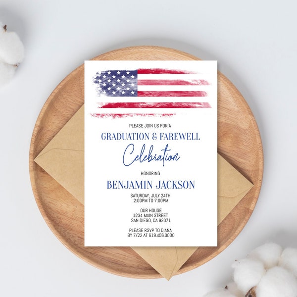 American Flag Graduation Farewell Party Invitation Template, Military Graduation Invitation, US Navy Marines, Army Air Force, Police, Corjl