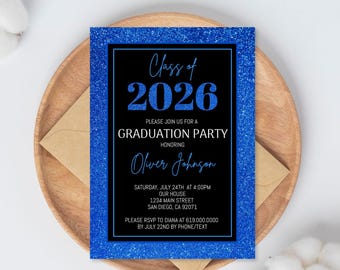 Blue Glitter Graduation Invitation Template, Grad Party Invite, College High School, Printable Corjl DIY Text evite Digital instant download