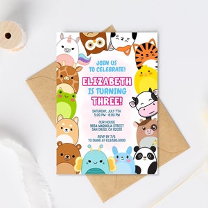 May include: A colorful invitation with a cartoon animal theme. The invitation says "Join us to celebrate! Elizabeth is turning three!" with details for the party, including the date, time, address, and RSVP information.