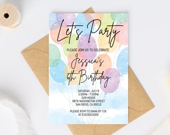 Colorful Balloons Birthday Invitation Template, Editable Birthday Invitations, Balloons Birthday Party Invitations for Boys Girls Teens Kids