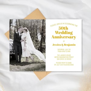 Modern Wedding Anniversary Photo Invitation Template, Corjl Instant Download, Editable, Minimalist Golden 50th Wedding Anniversary Invite