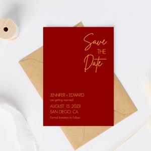 Modèle de cartes "Retenez cette date" rouge et jaune/Bordeaux et or, calendrier "Retenez cette date" imprimable/téléchargement instantané/Corjl DIY