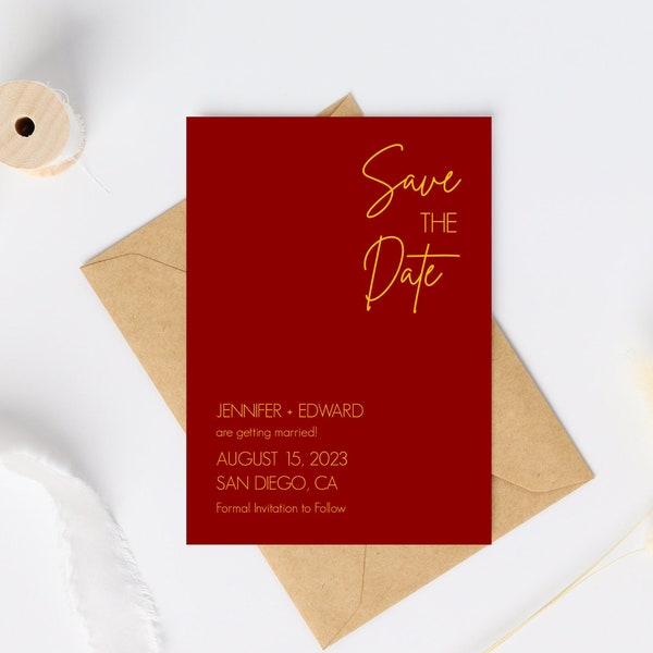 Red & Yellow Save the Date Cards Template/Burgundy and Gold Save the Date Announcement Calendar Printable/Instant Download/Corjl DIY