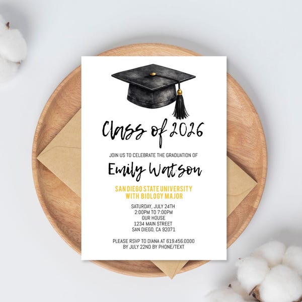 Plantilla de invitación de graduación, invitación a fiesta de graduación, anuncio de escuela secundaria universitaria, texto imprimible de Corjl DIY evite, descarga digital instantánea