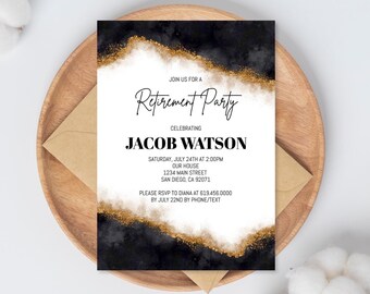 Retirement Invitation Template, Luxury Black & Gold Retirement Party Invite, Modern, Instant Download Corjl DIY Digital Evite Text Him Her