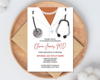 Doctor Graduation Invitations Template, Doctor Graduation Party Invitation for Women, Pharmacist, Medical Graduation, Stethoscope, Corjl DIY