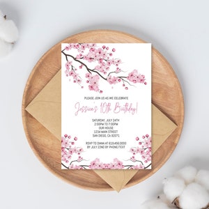 Kirschblüte Geburtstagseinladung Vorlage für Mädchen/Frauen/Teenager/Kinder, Japanische Einladungen, Corjl Vorlage DIY, Rosa Geburtstagseinladungen