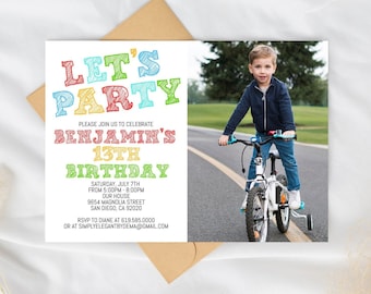 写真テンプレート付きのシンプルでカラフルな誕生日招待状、あらゆる年齢、男の子、ティーン、子供、女の子向けの誕生日招待状をすぐにダウンロード、Corjl DIY