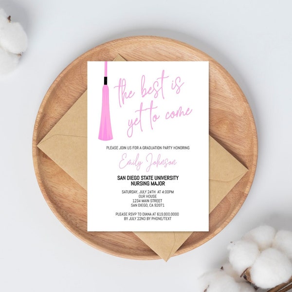 Tassel Graduation Invitation Template, Minimalist Pink Tassel Graduation Party Invitation Announcement, Corjl Instant Download,Class of 2024