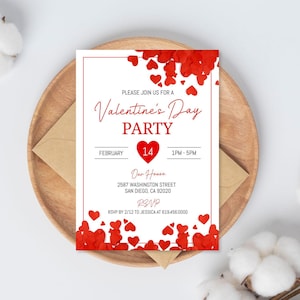 Plantilla de invitación para el día de San Valentín, cualquier evento, fiesta de San Valentín, cena, brunch, texto editable digital de Evite de Corjl DIY, corazones rojos