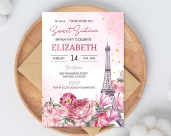 Sweet 16 Einladung Vorlage, Paris Geburtstag einladen, Französisches Thema druckbare Geburtstagseinladung, Eiffelturm, Corjl DIY evite digitaler Text