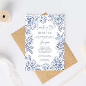 Algo azul antes de eu fazer o modelo de convite para chá de panela, convite floral azul para chá de panela, convite de flores azuis, Corjl DIY