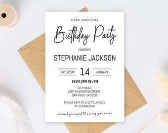 May include: A white birthday party invitation with black text. The invitation is for Stephanie Jackson's birthday party on Saturday, January 14th, from 3 PM to 7 PM. The party will be held at 2587 Washington Street, San Diego, CA 92020. RSVP by January 12th to Jessica at 619-456-0000.