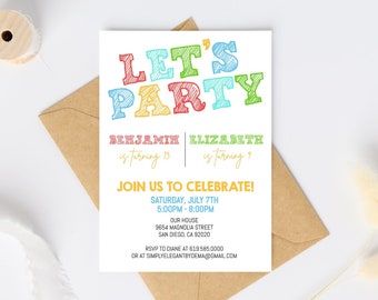 Pode incluir: Um cartão de convite colorido com o texto "Let's Party" em letras grandes escritas à mão. O convite é para uma festa de aniversário conjunta para Benjamin, que está completando 15 anos, e Elizabeth, que está completando 7 anos. A festa será realizada no sábado, 7 de julho, das 17h00 às 20h00, na 9654 Magnolia Street, em San Diego, CA 92020. As informações de RSVP estão incluídas na parte inferior do cartão.