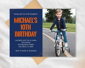 Photo Orange & Navy Blue Birthday Invitation Template for Boys Teens/ANY AGE/Color/Editable Printable Birthday Invitations/Instant Download
