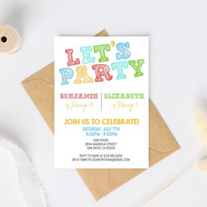 Colorful Joint Birthday Party Invitation Template, Modern Minimalist Double Birthday Party, Siblings Birthday Party Invitation, Corjl DIY