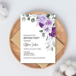 Modèle d&#39;Invitation d&#39;anniversaire floral violet, faire-part de fête d&#39;anniversaire fleurs violettes, modèle Corjl bricolage téléchargement immédiat, faire-part moderne