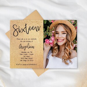 Glitzer Gold Geburtstagseinladung mit Foto für Mädchen Frauen Männer /jedes Alter/Printable Gold Glitter Geburtstagseinladungen/Instant Download Corjl
