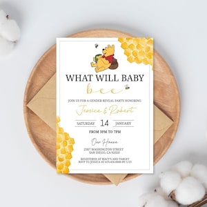 Winnie the Pooh Bee Gender Reveal Baby Shower Invitation Template, Editable Digital Text Evite Invite, Bee Baby Shower, Honey, Corjl DIY