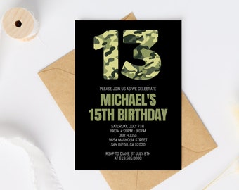 May include: Black and green camouflage birthday invitation with the number 13 in the center. The invitation reads "Please join us as we celebrate Michael's 15th Birthday" and includes the date, time, location, and RSVP information.