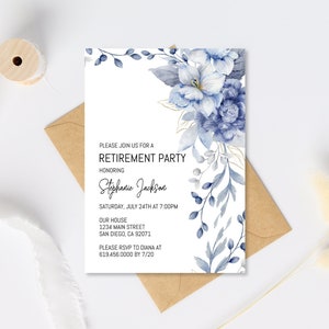 Plantilla de invitación a fiesta de jubilación, invitación a celebración de jubilación floral azul, jubilación de flores azules, descarga instantánea Corjl DIY